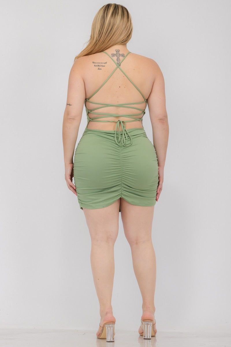 Ruched crisscrossed back mini dress