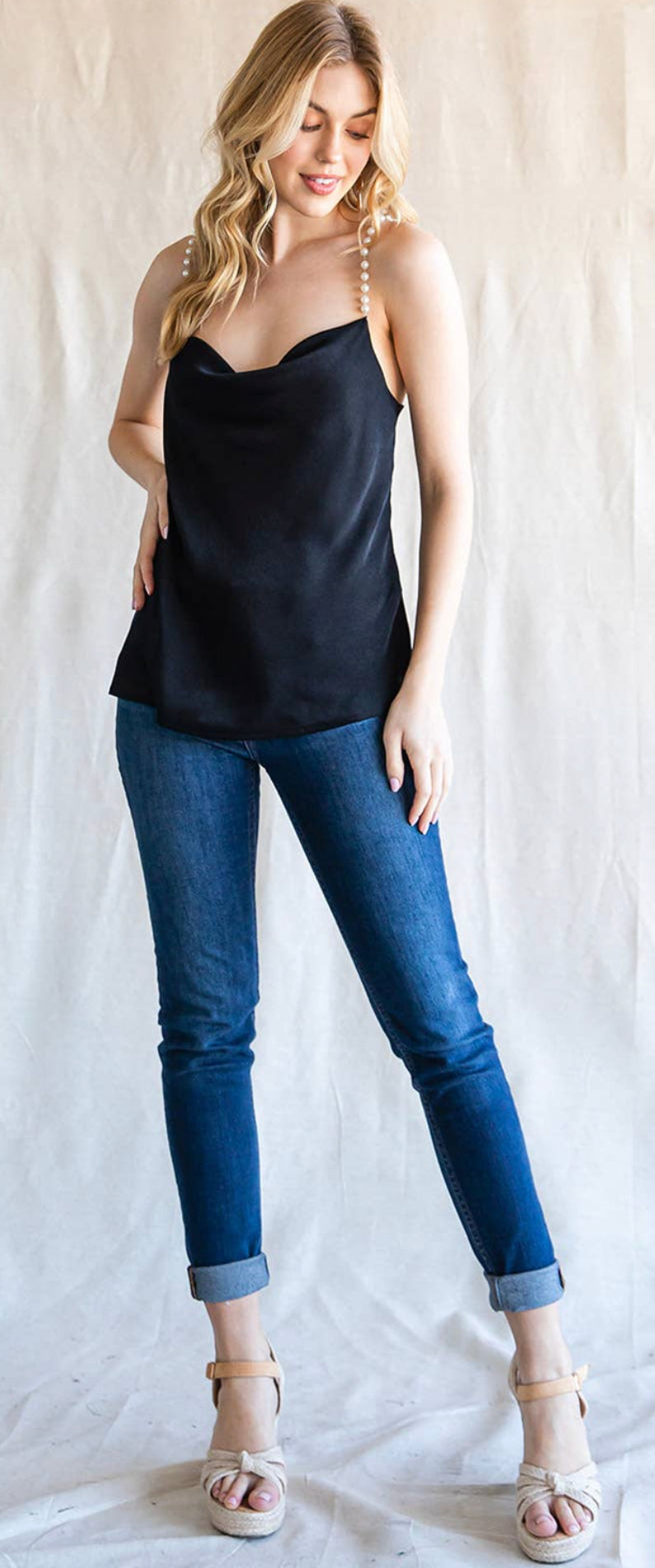 Satin Top W/ Pearl Straps