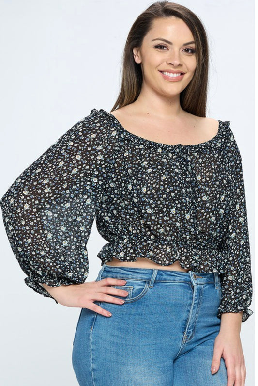 Junior Plus Size Floral Over the shoulder Top