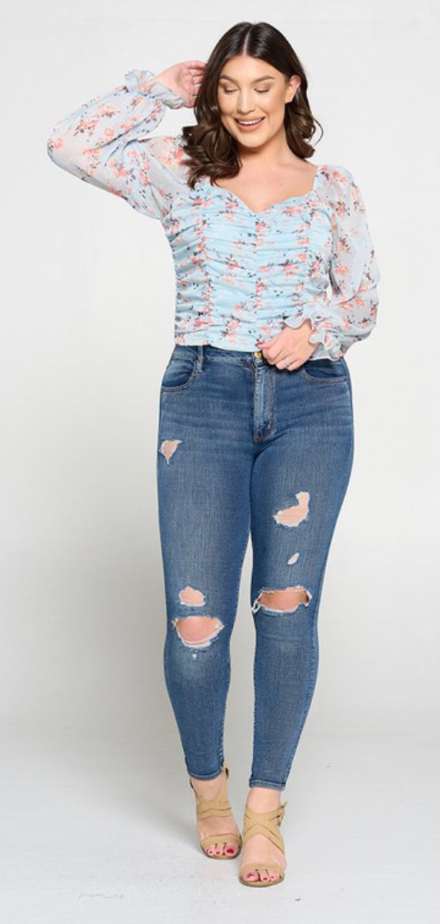 Ruched blue multi floral top