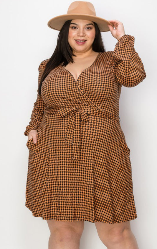 V neck long sleeve print dress W/ Pockets