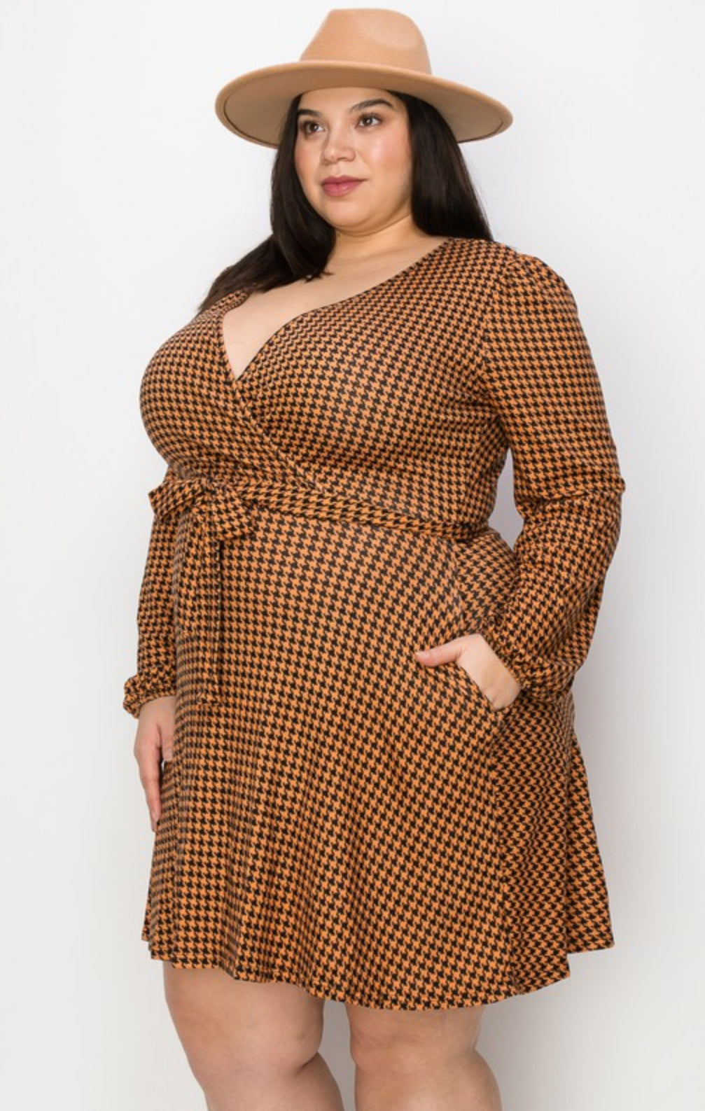 V neck long sleeve print dress W/ Pockets