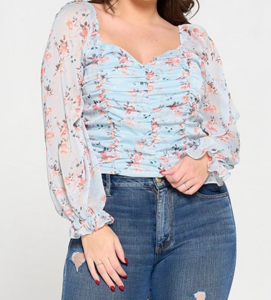 Ruched blue multi floral top